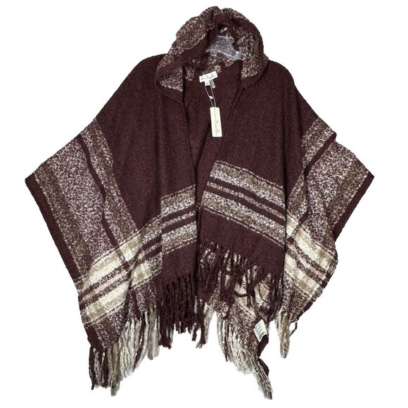 Simply Noelle Sweater Womens One‎ Size Burgundy White Plaid Blanket Poncho Cozy - Picture 1 of 9